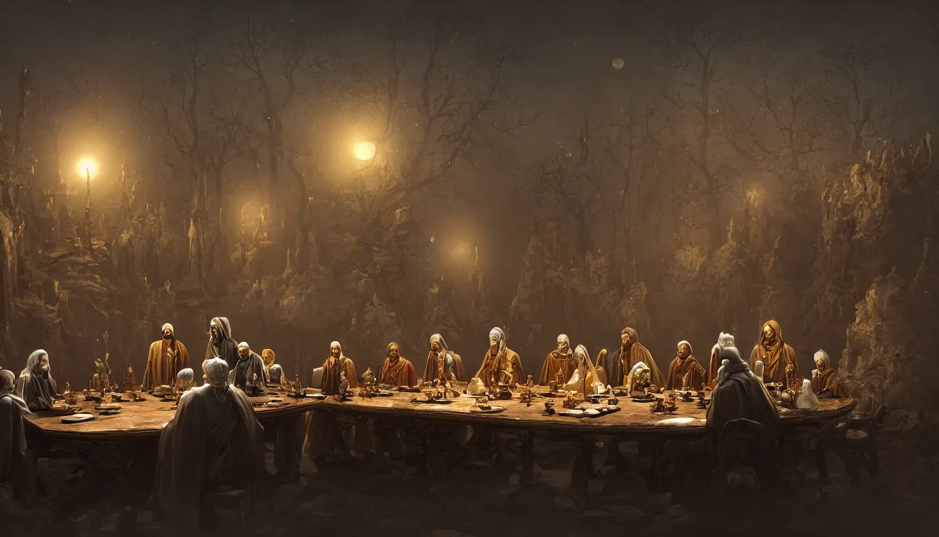 Image similar to A meeting of the council of elders, robed figures sat around a table, beautiful architecture, night time, stars visible, beautiful moon light, concept art, fantasy art, digital art by michal karcz, trending on artstation, highly detailed, 8k