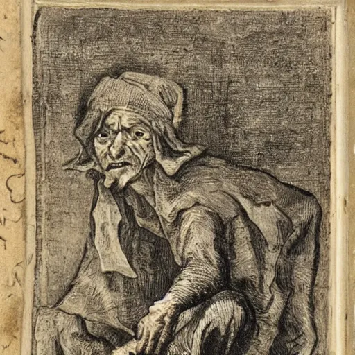 Prompt: A 17th Century beggar, with the letter B carved on his forehead, filthy, haggard, no teeth, dirty hair, Breughel