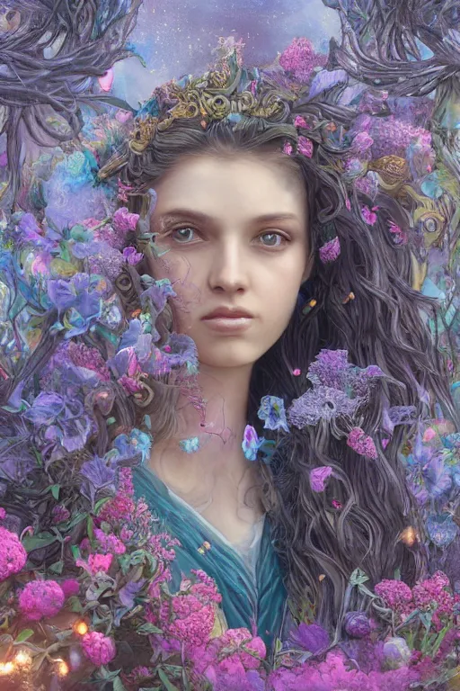 Image similar to elaborately detailed close up portrait of an extremely beautiful girl surrounded by flowers, an eerie mist and ethereal rainbow bubbles, Aetherpunk, high fantasy matte painting, fantasy matte painting movie poster, Art Nouveau, smooth, sharp focus, atmospheric lighting, highly detailed illustration highlights, backlight, golden ratio, 8K detail post-processing, symmetrical facial features, rich deep moody colors, majestic, dark epic fantasy, award winning picture, sense of awe, featured on DeviantArt, trending on cgsociety