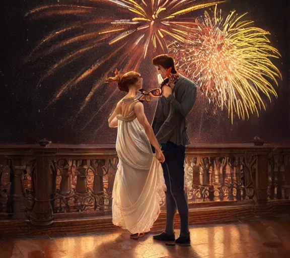 Image similar to photography of a 1 8 th couple in venice with fireworks, deep focus, intricate, elegant, highly detailed, digital painting, artstation, concept art, matte, sharp focus, illustration, art by artgerm and greg rutkowski and alphonse mucha and gil elvgren