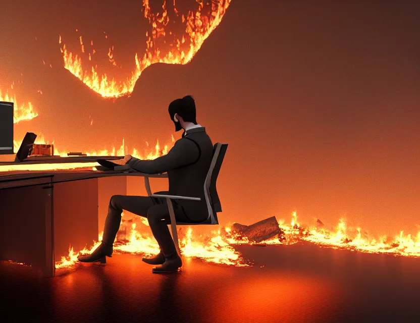 Image similar to a man sit at a workstation in a big office and looks at the burning fires, close up, featured in artstation, intricate, ultra detailed, unreal engine, concept art, wide - angle lens, sharp focus, illustration, 8 k