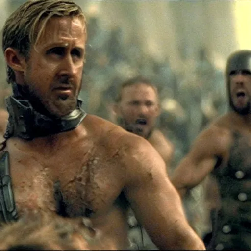 Image similar to Ryan Gosling this is sparta scene in the movie 300