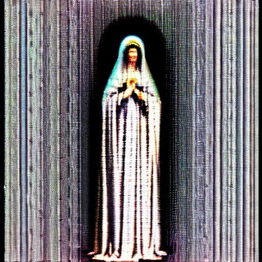 Image similar to vhs static overlay of marian apparition, vhs, 1 9 9 0, highly realistic, highly detailed, vhs noise static, black and white, vhs glitch