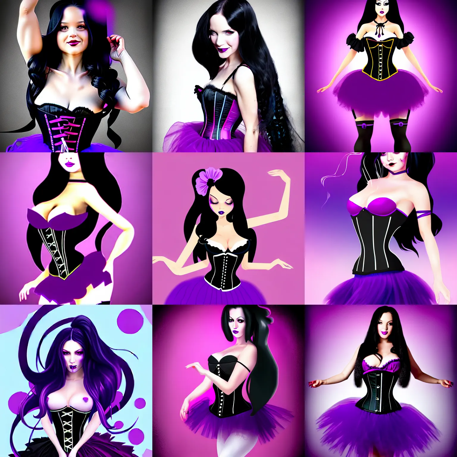 Prompt: a beautiful woman with long black hair, wearing a black corset top and a purple tutu, splash art