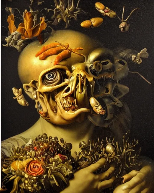 Image similar to refined gorgeous blended oil painting with black background by christian rex van minnen rachel ruysch dali todd schorr of a chiaroscuro portrait of an extremely bizarre disturbing mutated man made of still life flowers and rubber insects with shiny skin acne dutch golden age vanitas intense chiaroscuro cast shadows obscuring features dramatic lighting perfect symmetry perfect composition masterpiece