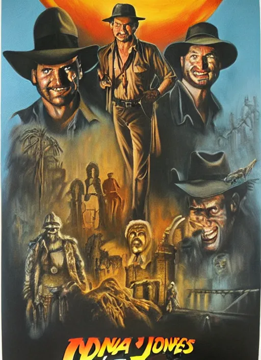 Prompt: creepy horror 1 9 8 6 poster for indiana jones. oil on canvas. print.
