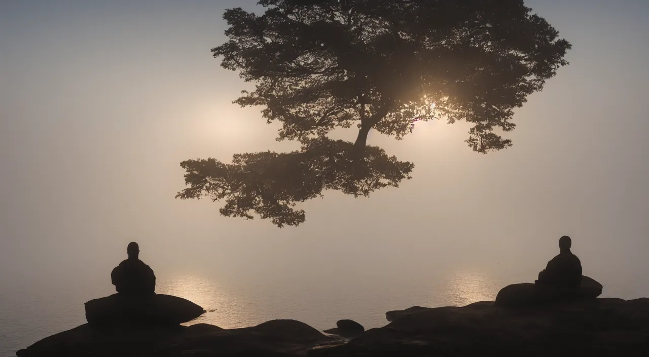Image similar to a lonely silhouette of a meditating monk sitting in the fog on a stone protruding from the water in the rays of the morning sun, in the style of matthew snowden, 8 k resolution,