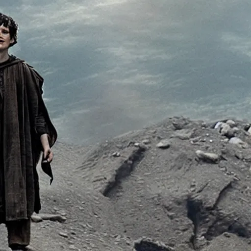 Prompt: Frodo protesting in front of Mordor