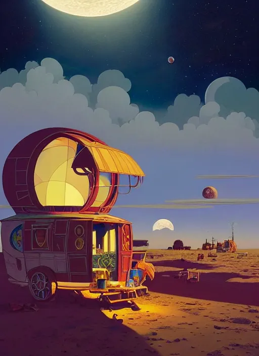 Image similar to gypsy caravan by paolo eleuteri serpieri and tomer hanuka and chesley bonestell and daniel merriam and tomokazu matsuyama, clouds, moon, sun, unreal engine, high resolution render, featured on artstation, octane, 8 k, highly intricate details, vivid colors