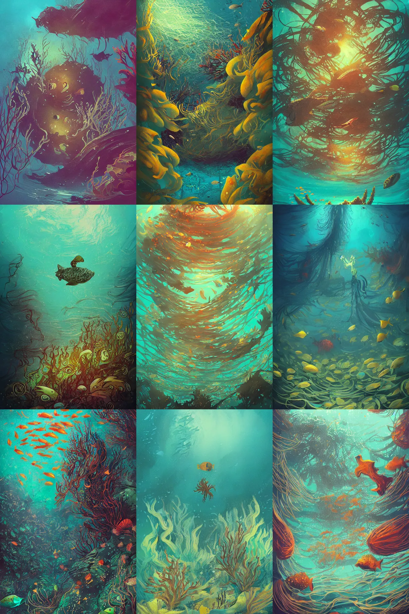 Prompt: illustration under the sea, surrounded by thick kelp, many small tropical fish, art by Anato Finnstark