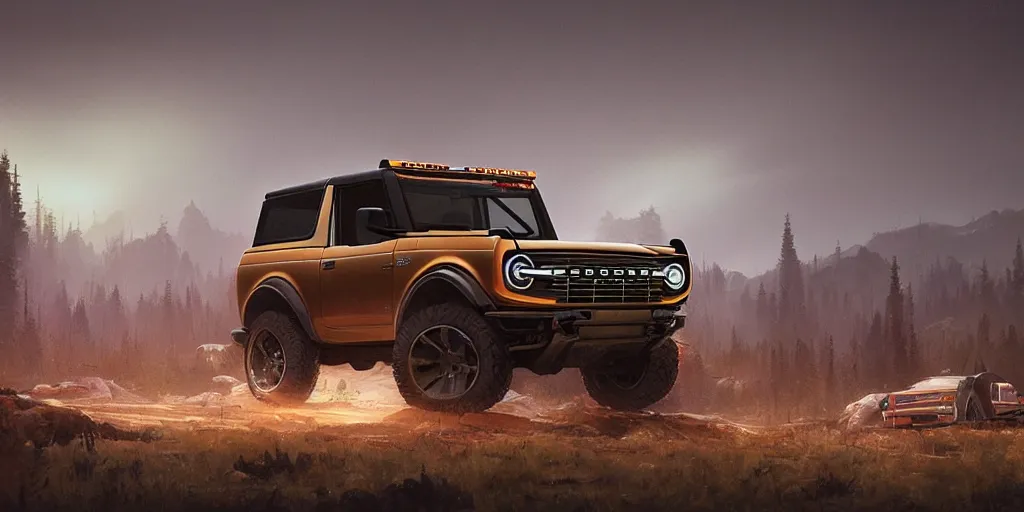 Image similar to 2022 ford bronco, an epic fantasy, dramatic lighting, cinematic, establishing shot, extremely high detail, photorealistic, cinematic lighting, artstation, by simon stalenhag, horizon forbidden west