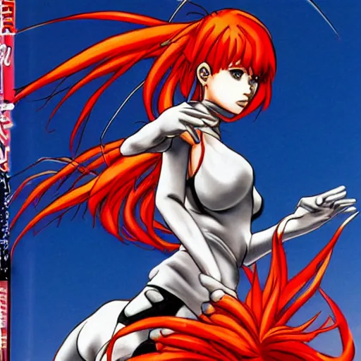 Prompt: Asuka Langley by masamune shirow, highly detailed, action, intricate background details, existentialism and posthumanism.