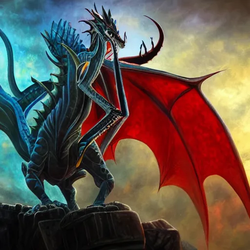 Image similar to the return of nicol bolas the dragon god from magic the gathering, in the style of magic the gathering, black and blue and red color scheme, d & d, fantasy, art by raymond swanland and svetlin velinov, intricate detail, 8 k, featured on artstation,