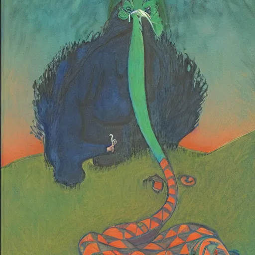 Prompt: navajo green by charles vess, by maurice utrillo accurate. a beautiful illustration of a snake eating its own tail that seems to go on forever.