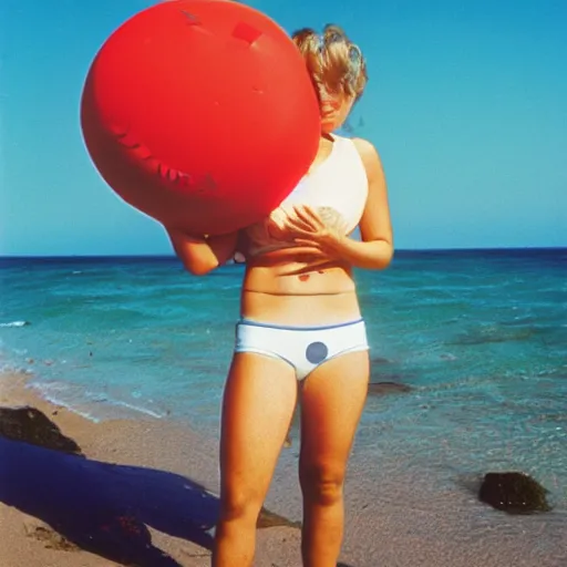 Image similar to A sad woman wearing an inflatable smiley to the beach, 1980, color film expired film, aged photo