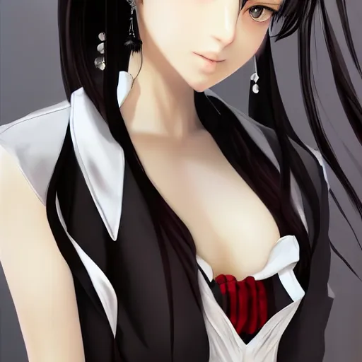 Image similar to luxury advertisement, astonishing portrait of a very beautiful anime high-school girl with black hair ponytail, white ribbon, full perfect face, realistic, highly detailed background, artstation, 120 degree view, drawn by Sasoura, Satchely and Akihiko Yoshida, no distortion