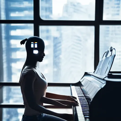 Image similar to a cyborg playing the piano in a futuristic apartment, award winning art, 4k, highly detailed, sharp focus, cinematic lighting, smooth