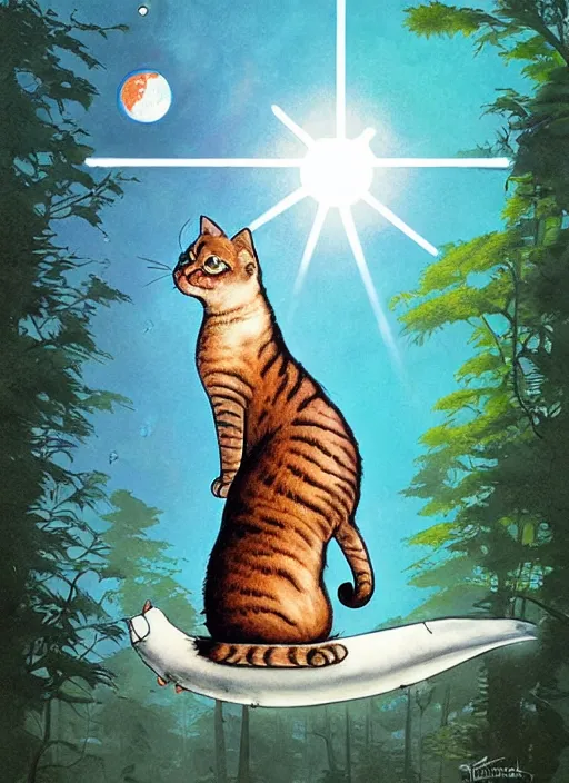 Image similar to a hyper realistic ink cat and the meaning of life and sunbeams blue sky, lush forest poster art by chiara bautista and kim jung giu and norman rockwell and greg rutkowski weta studio, and lucasfilm