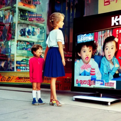 Image similar to 8 k uhd photos of 1 9 8 8 kids watched television ads in front of television store, 8 k uhd details, vogue, candid.