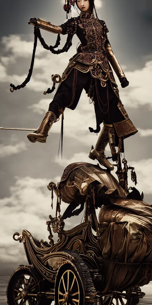 Prompt: vertical movie frame with ancient asian female standing on steam punk buggy, hunt, armor inspired by ancient japan and fashion, symmetrical beautiful face, epic, perfectbody, brutal blooded sluty award winning, establishing shot, extremely high detail, photorealistic, brutal, provocative, octane render, editorial, extreme sports photography