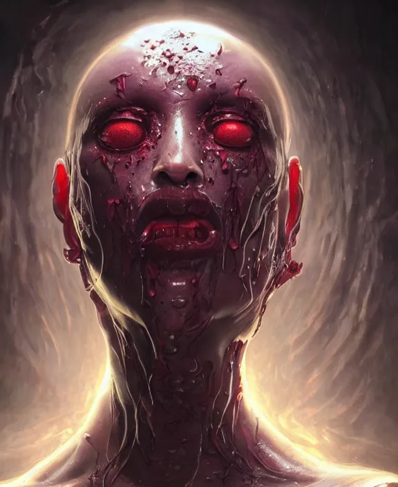 Prompt: portrait of a bloodied slime dripping geometric angular genderless insect alien monster, muscles, rippling, space warping and twisting, ultra realistic, concept art, intricate details, eerie, highly detailed, photorealistic, octane render, 8 k, unreal engine. art by artgerm and greg rutkowski and alphonse mucha