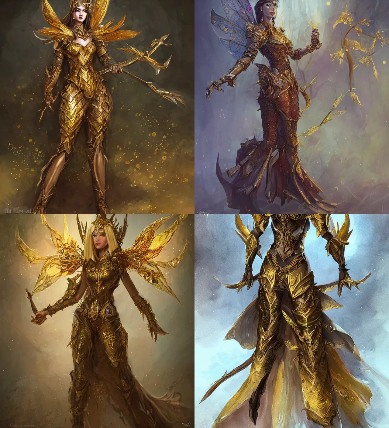 Prompt: fairy queen in petal and golden thorns armor, full body concept art, fantasy illustration, viktoria gavrilenko