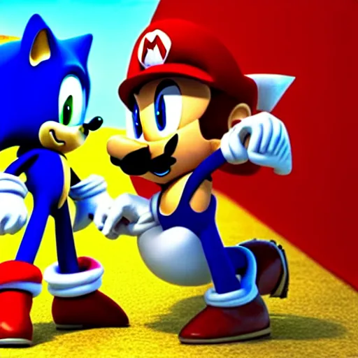 Image similar to film still of sonic the hedgehog and super mario fighting to tye death