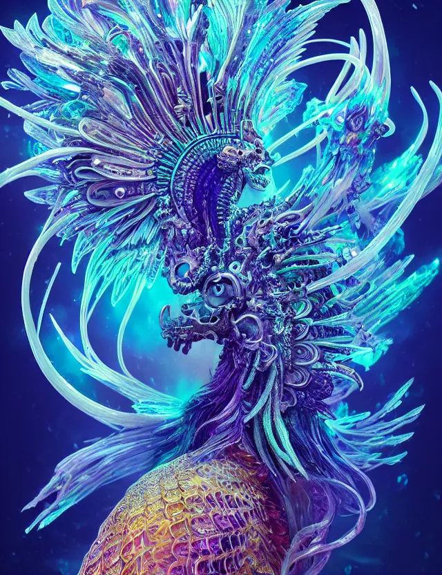 Image similar to goddess phoenix macro close - up portrait with crown made of ram skull. phoenix, betta fish, jellyfish, bioluminiscent, plasma, ice, water, wind, creature, super intricate ornaments artwork by tooth wu and wlop and beeple and greg rutkowski