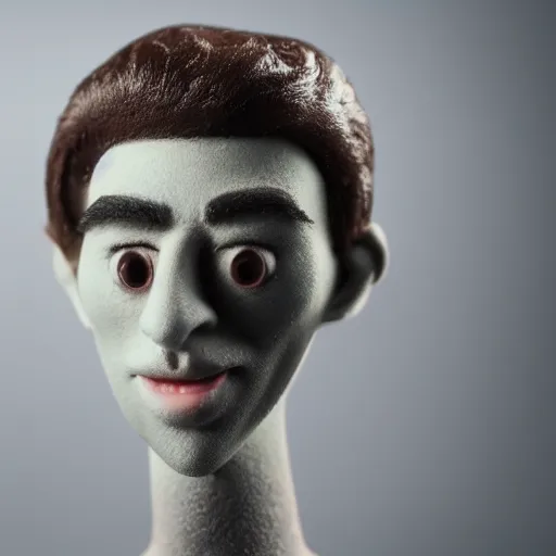 Image similar to a beautiful man in the style of claymation, stop motion with studio lighting, telephoto lens, shallow dof, photographic.