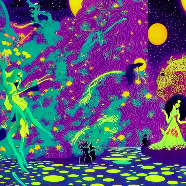 Image similar to cosmic girl, infinite hallucination, bright neon colors, highly detailed, cinematic, eyvind earle, hiroo isono, tim white, philippe druillet, roger dean, lisa frank, aubrey beardsley