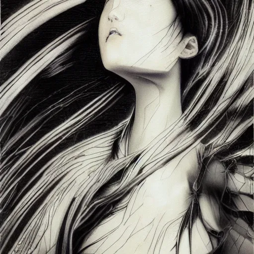 Image similar to Yoshitaka Amano realistic illustration of an anime girl with white hair and cracks on her face wearing dress suit with tie fluttering in the wind, abstract black and white patterns on the background, noisy film grain effect, highly detailed, Renaissance oil painting, weird portrait angle