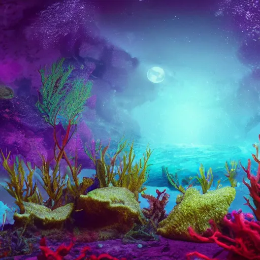 Image similar to Photograph of an underwater alien base, photorealistic, colorful, seaweed, moonlight, dark, smog,