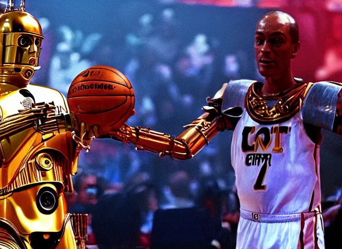 Prompt: ESPN still of C-3PO playing in the nba playoffs live on espn, 4k