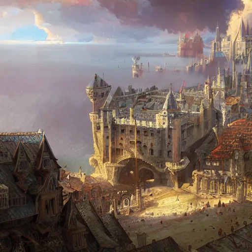 Image similar to The capital of a medieval kingdom located by the sunlit sea, fantasy, highly detailed, digital painting, artstation, concept art, illustration, art by Bayard Wu and Marc Simonetti and Diego Gisbert Llorens