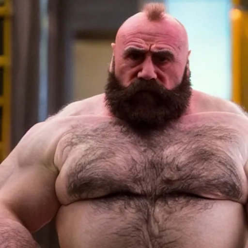 Image similar to movie still of Danny DeVito starring as zangief in the 2026 live action street fighter movie