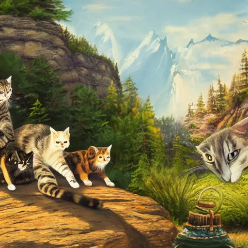 Image similar to a beautiful scenic painting of a group of adventurers cats