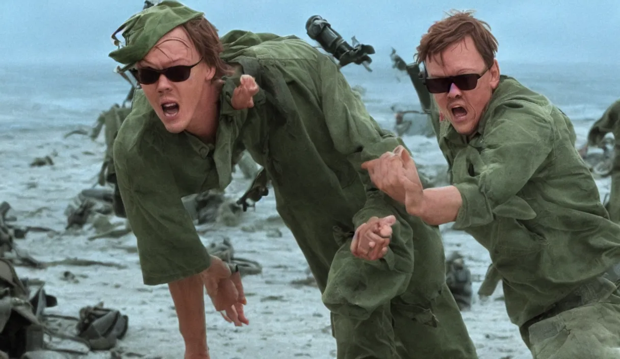 Prompt: photo realistic image of Matthew Lillard as shaggy from scooby doo, storming the beaches of Normandy, 8k HD, high detail, photorealistic, Hollywood cinematic, Christopher Nolan