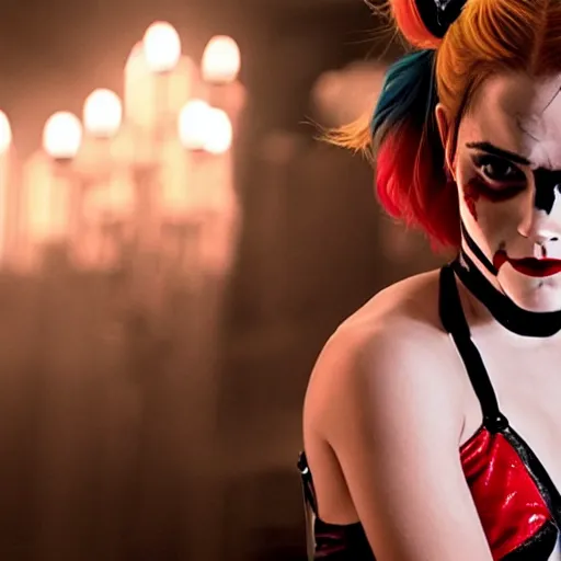 Image similar to Emma Watson as Harley Quinn, cinematic, Wide-shot, atmospheric lighting, directed by Quentin Tarantino, movie still