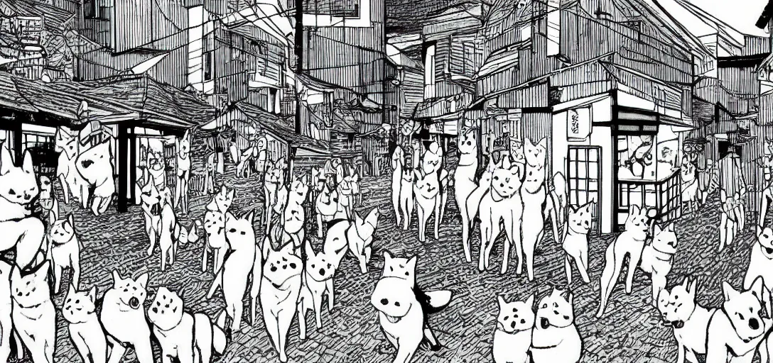 Prompt: shiba inu in a Japanese town by Junji Ito