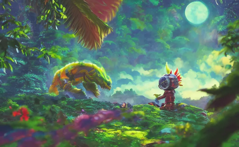 Image similar to a still of a cute adorable tiny astronaut, on a planet of lush colorful foliage, with an enormous kaiju dragon surrounding the full background, magical forest, sharp focus, neon backlit, highly detailed, disney pixar studio ghibli makoto shinkai, digital painting, matte, octane render, global illumination, iridescent, anime, 8 k concept art