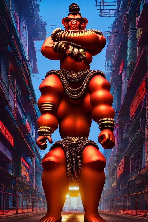 Image similar to high quality 3 d render post - rococo cyberpunk hanuman! head building, neon madhubani, open mouth, highly detailed, in sci - fi new delhi, cinematic smooth unreal engine, lee madgwick & liam wong, dramatic light, low angle, uhd 8 k, sharp focus