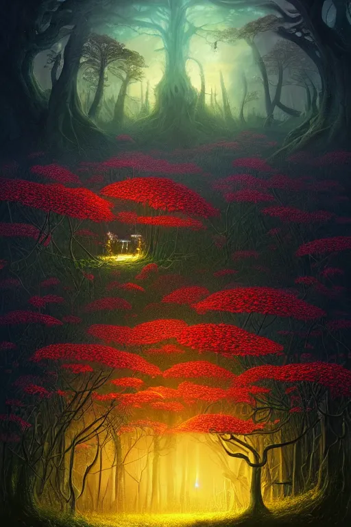 Image similar to a beautiful digital illustration painting of a detailed foreboding skies fantasy fireflies and roots, dark mushroom, flowers by benoit b. mandelbrot, steven belledin, martin johnson heade, lee madgwick, caspar david friedrich, and david rios ferreira. 8 k resolution trending on artstation concept art digital illustration