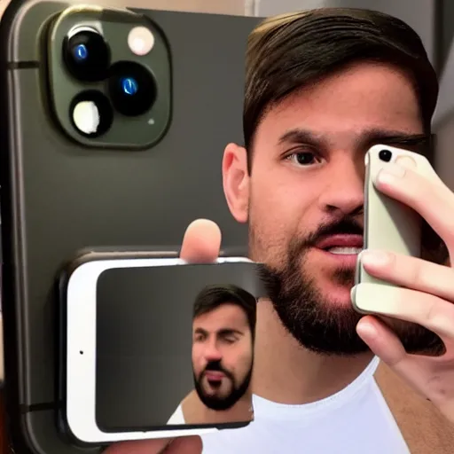Prompt: man takes selfie of himself with an iphone 12 pro max