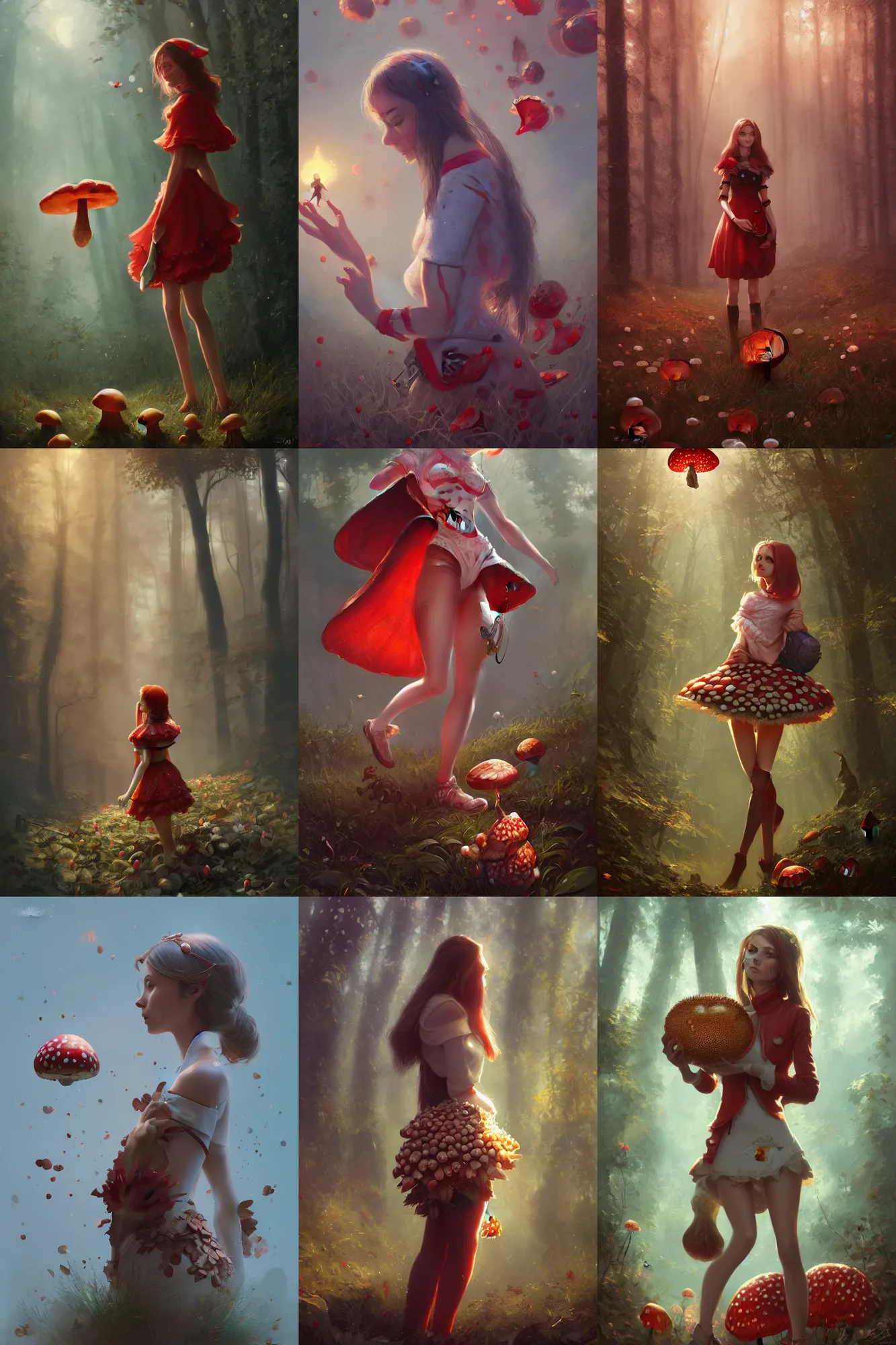 Prompt: girl in a fly agaric - inspired outfit, full shot, concept art, natural lighting, illustration, full color, highly detailed, photorealistic, by greg rutkowski, artstation,