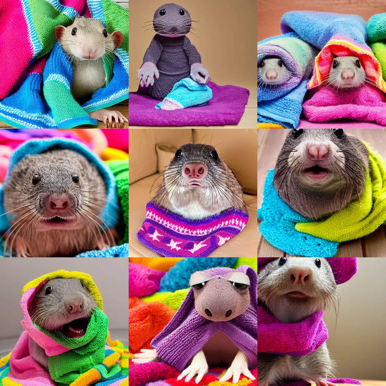 Prompt: photo of grinning nekad mole rat sitting in colorful knitted towel