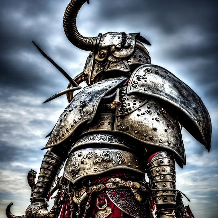 Prompt: photo of a warrior with metal elephant themed armour, highly detailed, 4 k, hdr, smooth, sharp focus, high resolution, award - winning photo