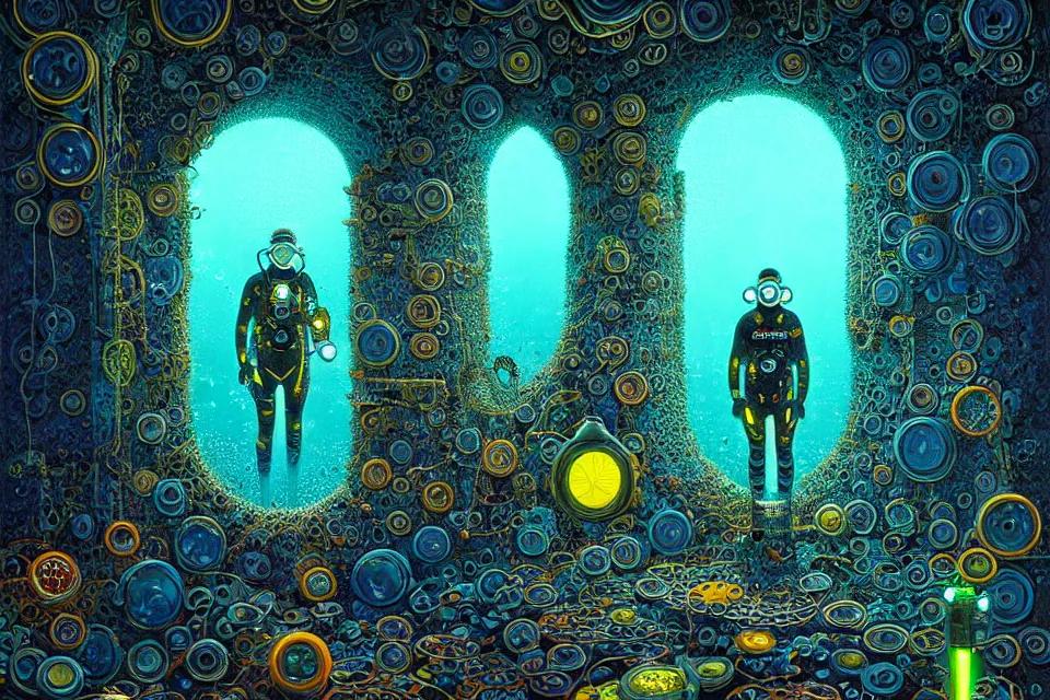 Image similar to detailed portrait of a cyberpunk scuba diver inside a dmt portal by james r eads and tomasz alen kopera gediminas pranckevicius