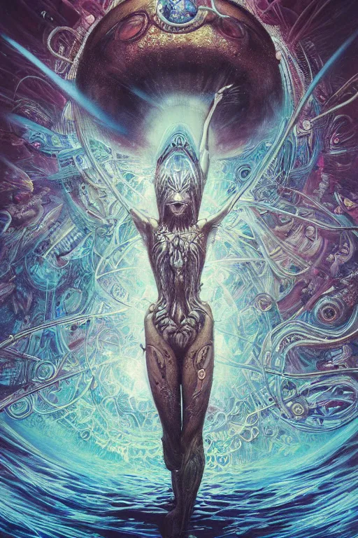 Image similar to swimming through time, inter dimensional clockwork, metaphysical implosion, by artgerm and yoshitaka amano and moebius and hr giger and zdislaw beksinski and alphonse mucha, hyperdetailed, symmetry, glamour, surreal, dc comics, ornate, stunning, nebula, explosions in the sky, trending on artstation