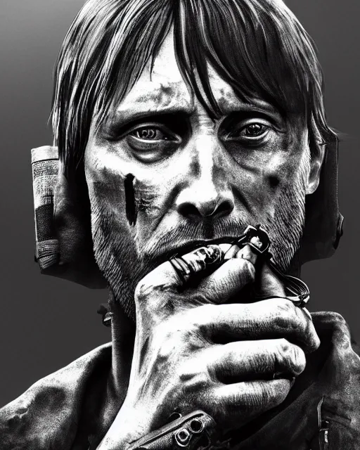 Prompt: mads mikkelson as clifford unger from death stranding wearing modern military fatigues, wielding assault rifle, weeping tears of black oil, tired expression, mysterious eerie portrait, cinematic lighting, black background, digital painting photoshop, ultra detailed hdr 8 k