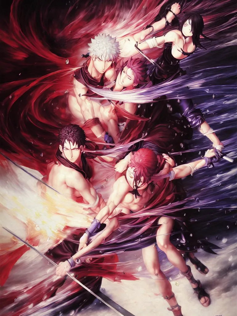 Image similar to baroque oil painting of key visual kunoichi fight, rain, painting by makoto shinkai takashi takeuchi yoshiyuki sadamoto, fate stay night, wlop and artgerm